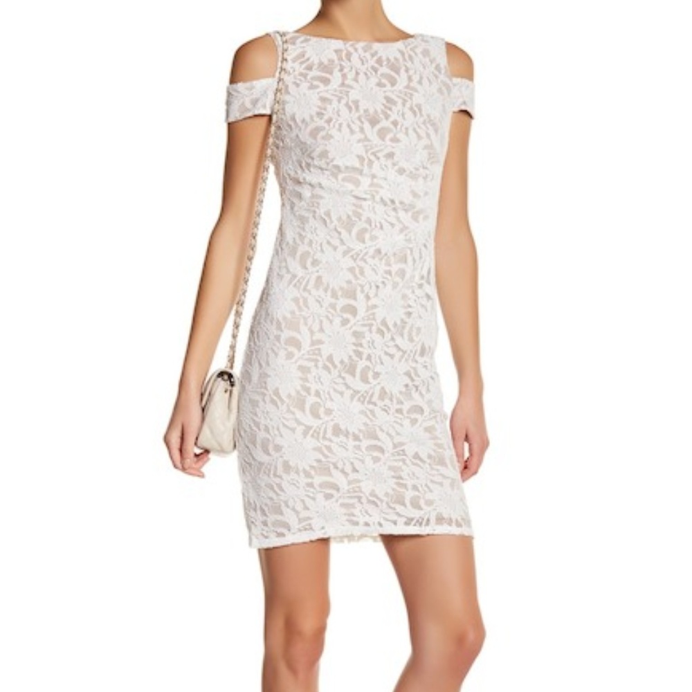 Eliza J Cold Shoulder Ruched Lace Dress